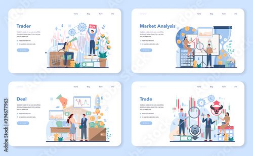 Trader, financial investment web banner or landing page set. Stock