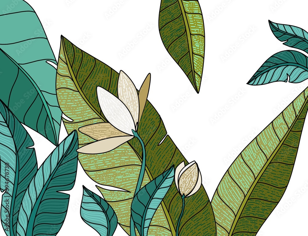 Fototapeta seamless pattern with leaves tropical drawing