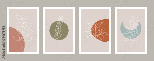 Abstract botanical poster set. Floral wall art print, minimal plant design for card, wallpaper, cover, natural drawing, vector illustration