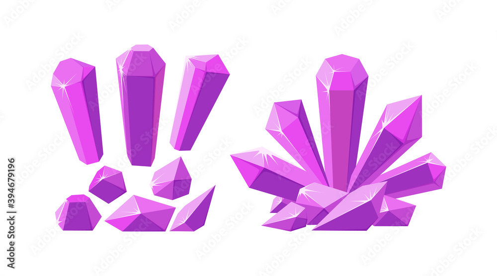 Crystals and gemstones of different shapes. Set of pink stalagmite, crystals and pieces of amethyst rock. Vector illustration in cartoon style Crystals and gemstones of different shapes. Set of pink stalagmite, crystals and pieces of amethyst rock. Vector illustration in cartoon style