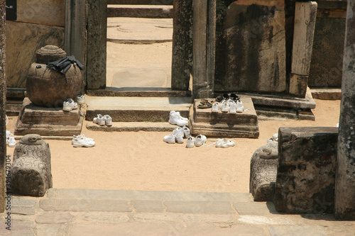 Polonnaruwa Sri Lanka Ancient ruin shoes removed before entering Buddhist shrine