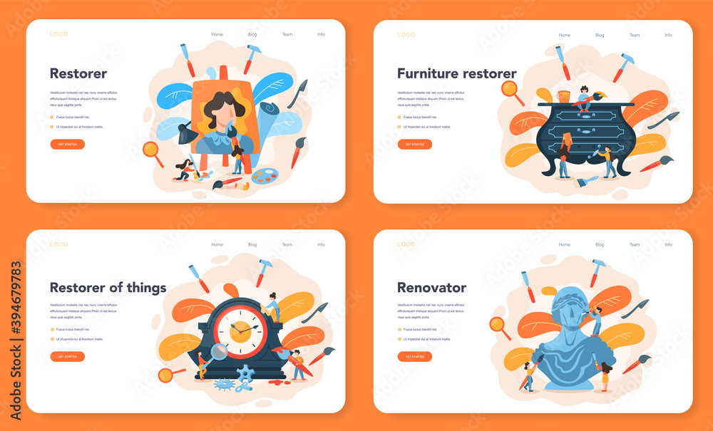Restorer web banner or landing page set. Artist restores an ancient Restorer web banner or landing page set. Artist restores an ancient