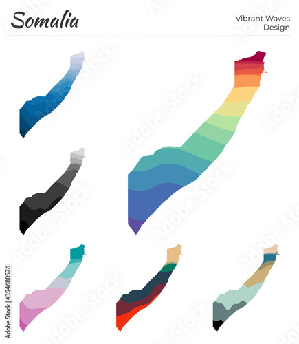 Set of vector maps of Somalia. Vibrant waves design. Bright map of country in geometric smooth curves style. Multicolored Somalia map for your design. Radiant vector illustration.