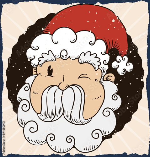 Retro Design with Santa Face Winking at You over Button, Vector Illustration