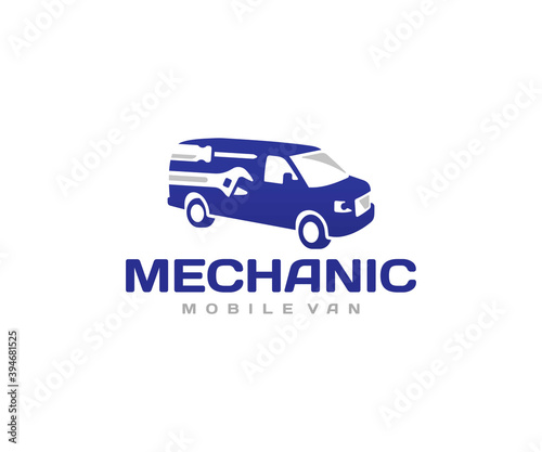 Mobile mechanic van logo design. Mechanic car service vector design. Workshop on wheels with tools logotype