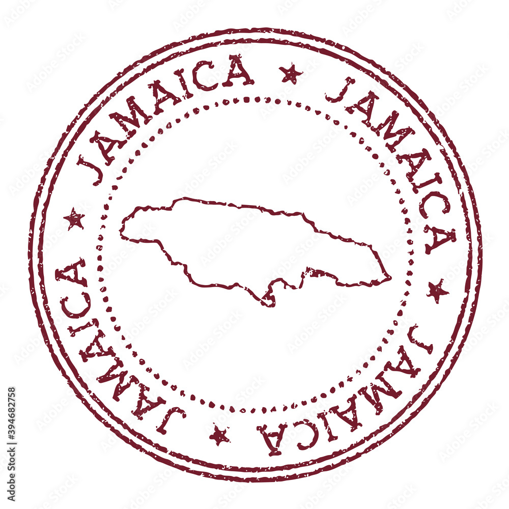 Jamaica round rubber stamp with country map. Vintage red passport stamp