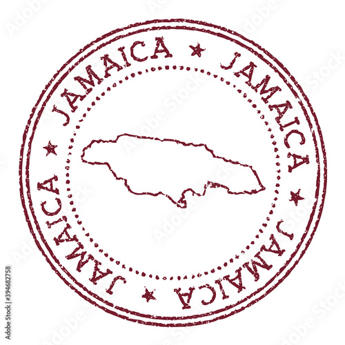Jamaica round rubber stamp with country map. Vintage red passport stamp with circular text and stars, vector illustration.