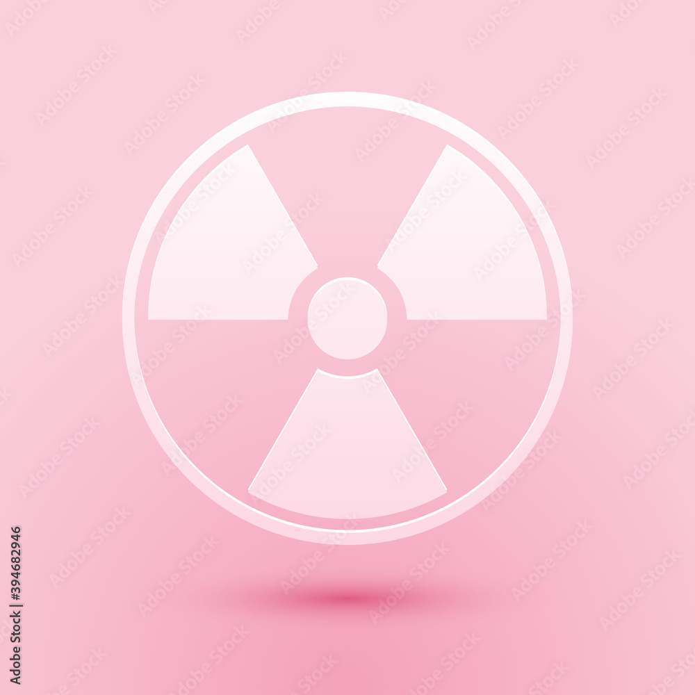 Paper cut Radioactive icon isolated on pink background. Radioactive toxic symbol. Radiation Hazard sign. Paper art style. Vector. Paper cut Radioactive icon isolated on pink background. Radioactive toxic symbol. Radiation Hazard sign. Paper art style. Vector.