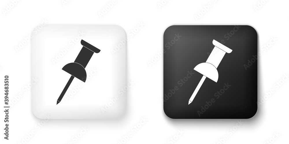 Black and white Push pin icon isolated on white background. Thumbtacks sign. Square button. Vector. Black and white Push pin icon isolated on white background. Thumbtacks sign. Square button. Vector.