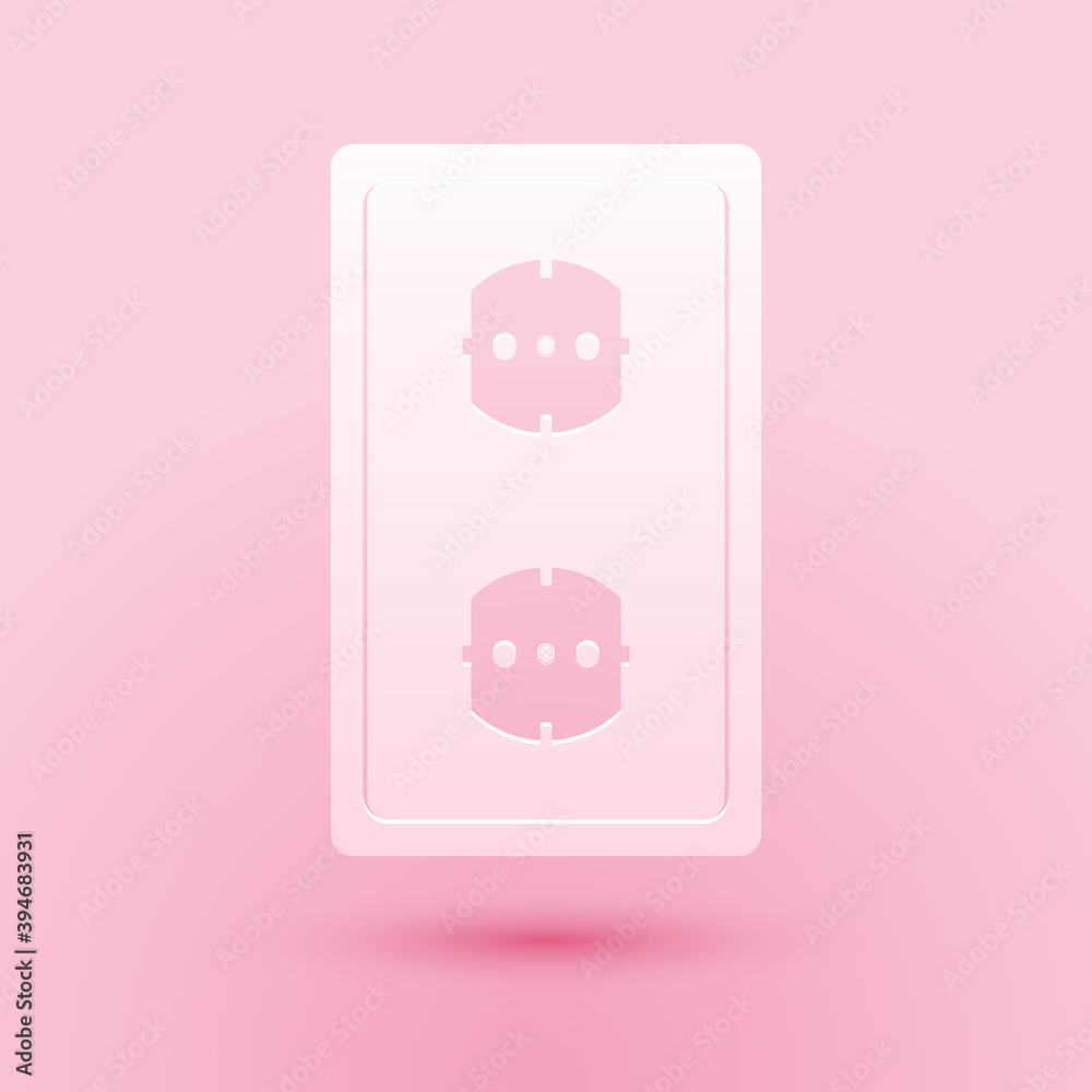 Paper cut Electrical outlet icon isolated on pink background. Power socket. Rosette symbol. Paper art style. Vector. Paper cut Electrical outlet icon isolated on pink background. Power socket. Rosette symbol. Paper art style. Vector.