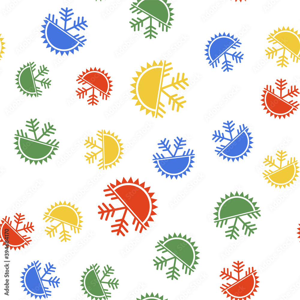 Color Hot and cold symbol. Sun and snowflake icon isolated seamless pattern on white background. Winter and summer symbol. Vector. Color Hot and cold symbol. Sun and snowflake icon isolated seamless pattern on white background. Winter and summer symbol. Vector.