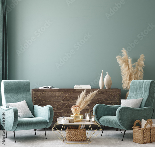 Home interior mock-up with turquoise armchairs, table and pampas, 3d render