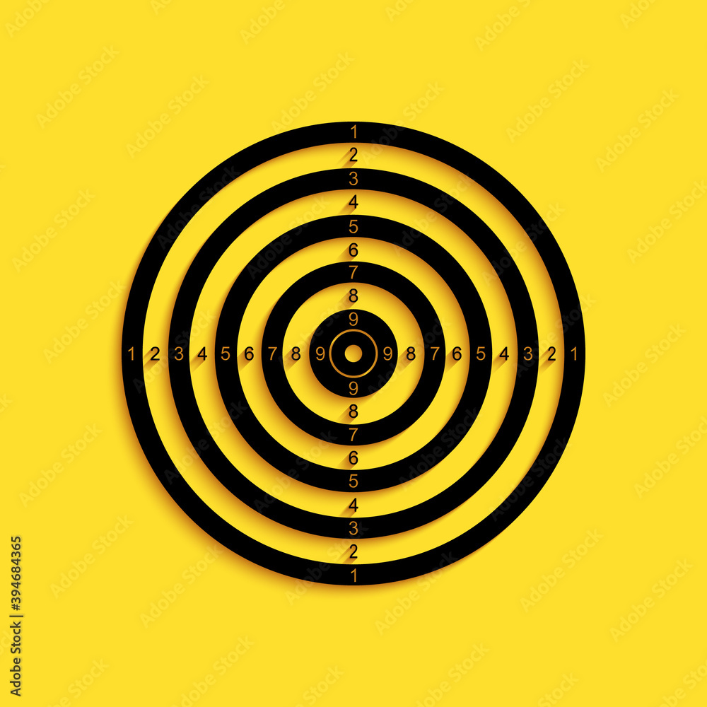 Black Target sport for shooting competition icon isolated on yellow background. Clean target with numbers for shooting range or pistol shooting. Long shadow style. Vector. Black Target sport for shooting competition icon isolated on yellow background. Clean target with numbers for shooting range or pistol shooting. Long shadow style. Vector.