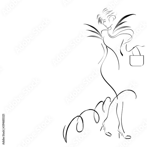 A girl in a beautiful extravagant dress. Elegant young woman in heels. Vector contour lineart illustration on a white background. Empty space for text. Picture for advertising beauty services.