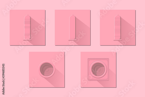 pink condoms flat icons set, smooth ribbed pimples condom. trendy medical care vector illustration.
