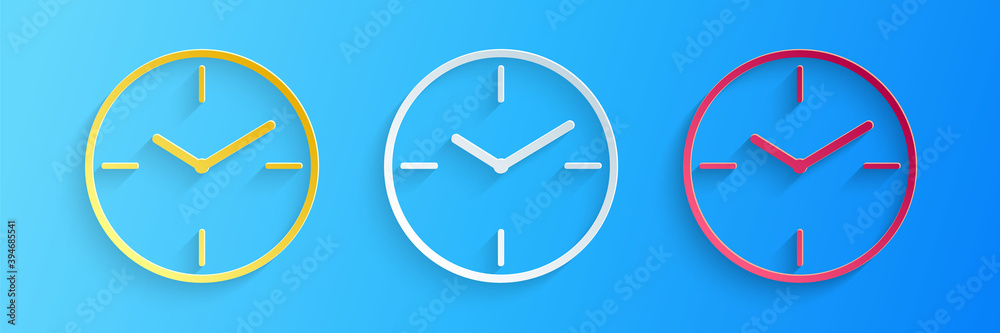 Paper cut Clock icon isolated on blue background. Time symbol. Paper art style. Vector. Paper cut Clock icon isolated on blue background. Time symbol. Paper art style. Vector.