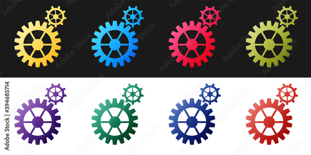 Set Gear icon isolated on black and white background. Cogwheel gear settings sign. Cog symbol. Vector.