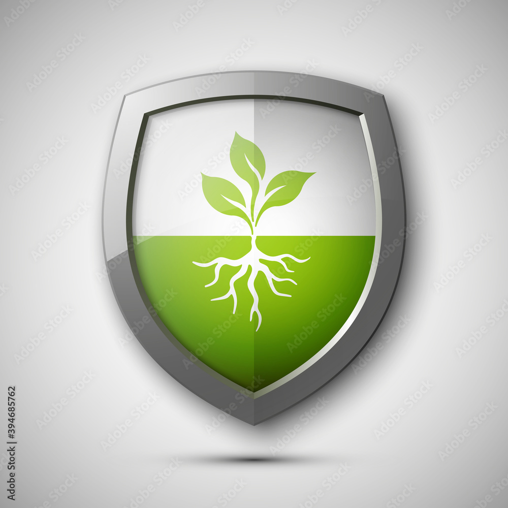 Eco Protect Logo Template Design. Ecological shield label. Plant icon. Herb badge. Young flower sprout from the root picture. Ecology tag. Grass illustration. Greenery chek Eco Protect Logo Template Design. Ecological shield label. Plant icon. Herb badge. Young flower sprout from the root picture. Ecology tag. Grass illustration. Greenery chek