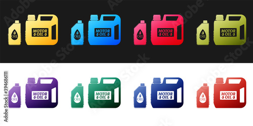 Set Plastic canister for motor machine oil icon isolated on black and white background. Oil gallon. Oil change service and repair. Engine oil sign. Vector.