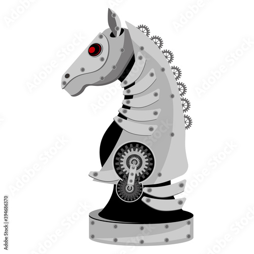 Chess iron horse robot in steampunk style. Vector illustration on the theme of Board games and steampunk.