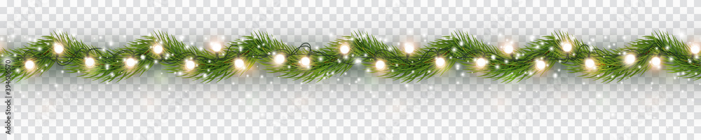 Border with green fir branches, gold lights isolated on transparent background. Pine, xmas evergreen plants seamless banner. Vector Christmas tree garland decoration