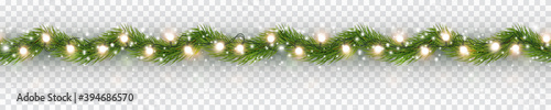 Border with green fir branches, gold lights isolated on transparent background. Pine, xmas evergreen plants seamless banner. Vector Christmas tree garland decoration photo