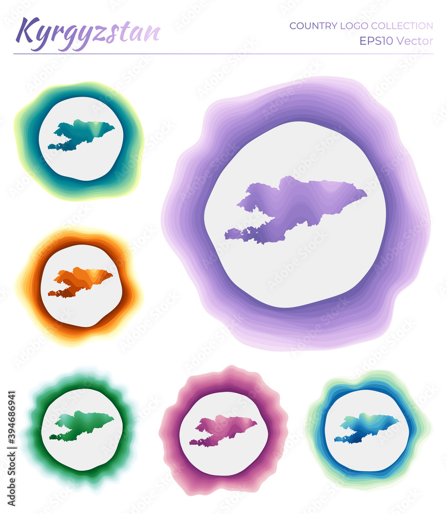 Kyrgyzstan logo collection. Colorful logo of the country. Unique layered dynamic frames around Kyrgyzstan border shape. Vector illustration. Kyrgyzstan logo collection. Colorful logo of the country. Unique layered dynamic frames around Kyrgyzstan border shape. Vector illustration.