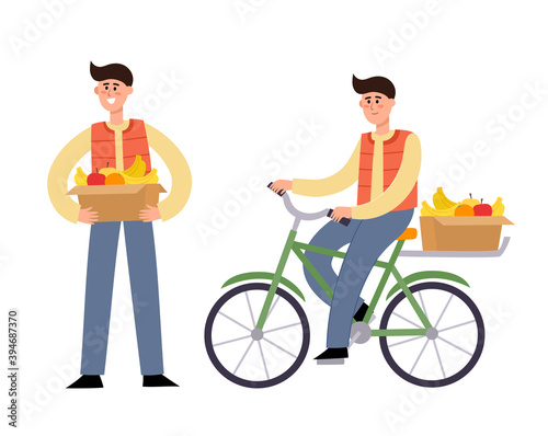 Vector illustration with man holding box with fruit and man on bicycle