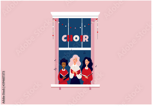 Girls singing in a little choir. Stay at home or lockdown concept. People in window frame singing Christmas carols. Flat vector illustration.