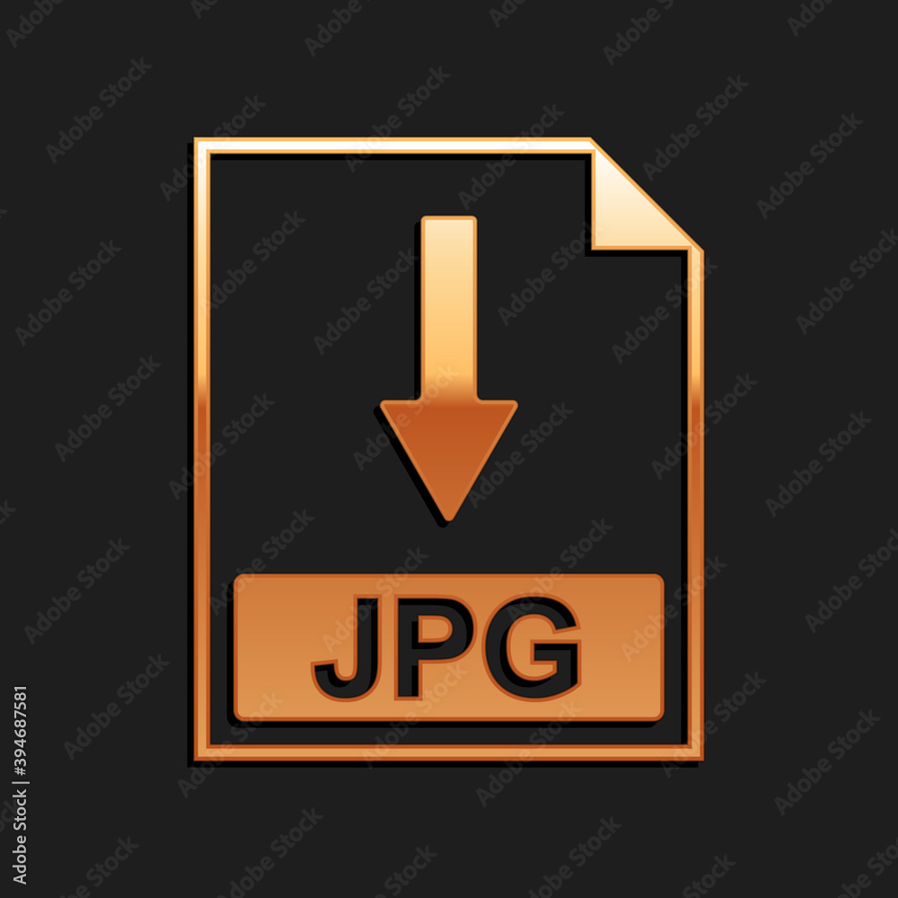 Gold JPG file document icon. Download JPG button icon isolated on black background. Long shadow style. Vector. Gold JPG file document icon. Download JPG button icon isolated on black background. Long shadow style. Vector.