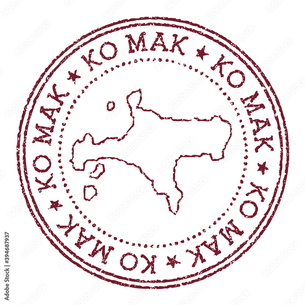 Ko Mak round rubber stamp with island map. Vintage red passport stamp with circular text and stars, vector illustration. Ko Mak round rubber stamp with island map. Vintage red passport stamp with circular text and stars, vector illustration.