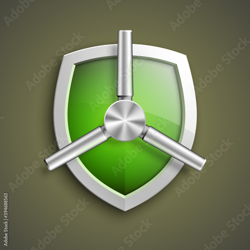 Protection guard shield concept with safety handwheel. Safety badge helm icon. Privacy Safe door handle banner. Security bright label. Presentation shining sticker shield shape. Defense safeguard sign