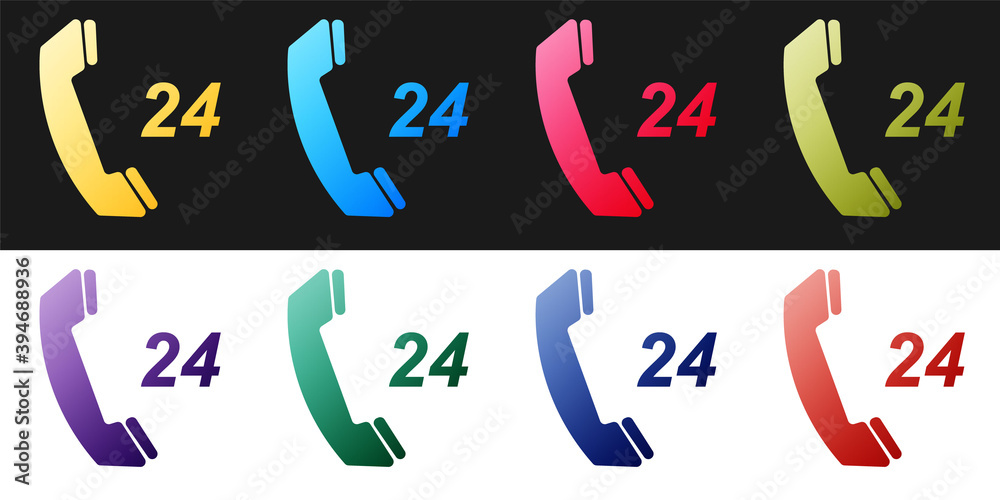 Fototapeta premium Set Telephone 24 hours support icon isolated on black and white background. All-day customer support call-center. Vector.