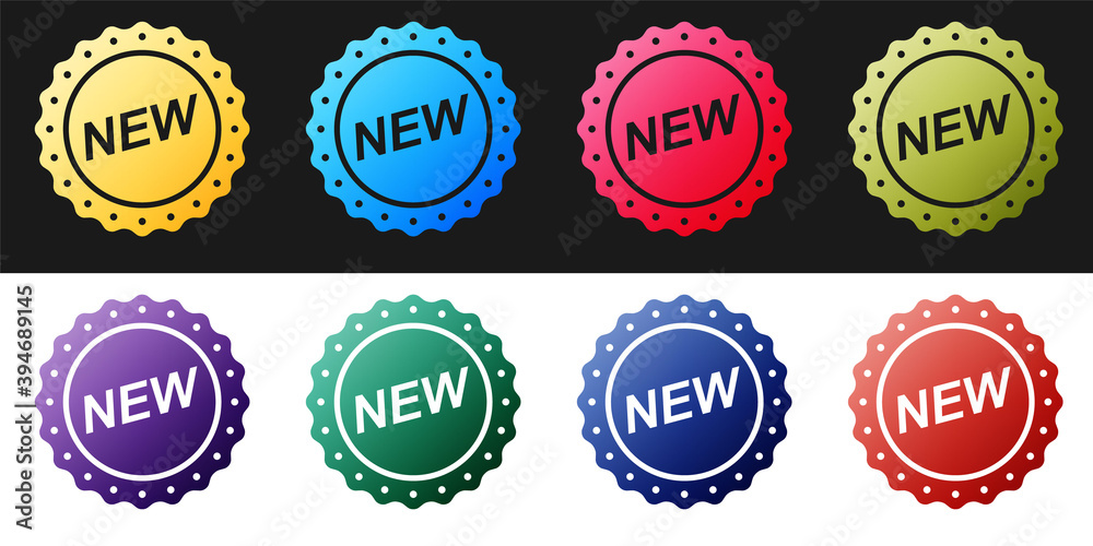Set Label New icon isolated on black and white background. Vector.
