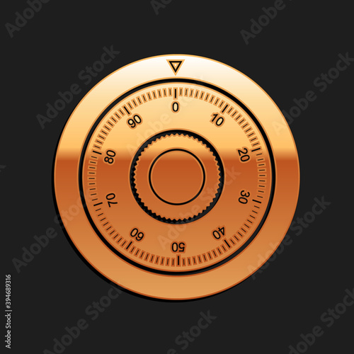 Gold Safe combination lock wheel icon isolated on black background. Protection concept. Password sign. Long shadow style. Vector.