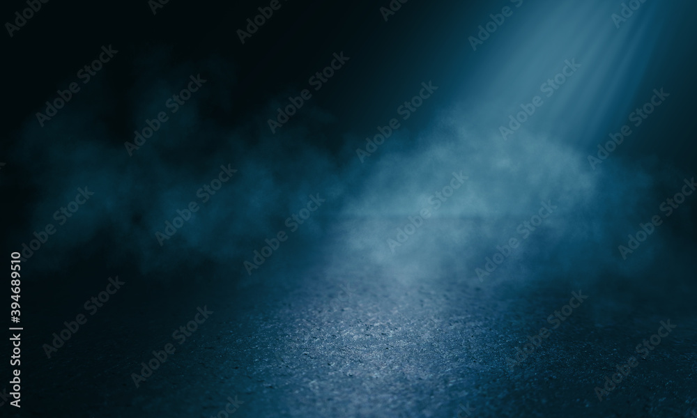 Dark abstract background toned in blue. Smoke, fog, smog, the reflection of a neon spotlight on the asphalt. Empty street background at night. 3d illustration
