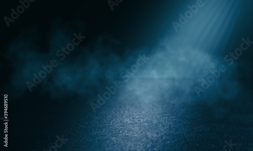 Dark abstract background toned in blue. Smoke, fog, smog, the reflection of a neon spotlight on the asphalt. Empty street background at night. 3d illustration