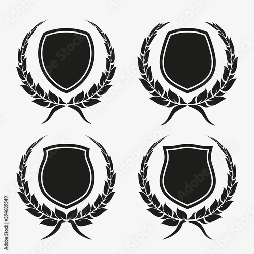 Protect guard shield wreath concept. Outline shield badge. Safety icon set. Privacy banner kit. Security label. Flat style protect garland sticker symbol shape. Safeguard simple sign wreath pictogram