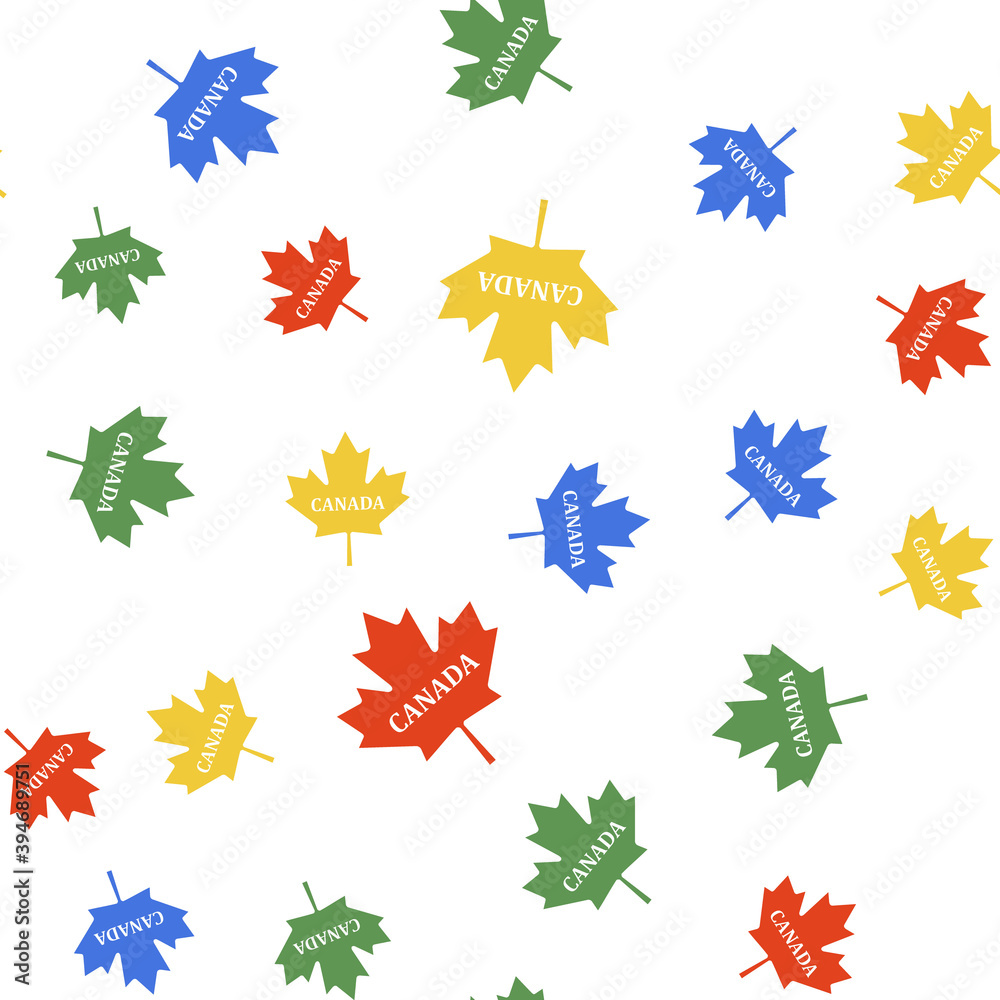 Color Canadian maple leaf with city name Canada icon isolated seamless pattern on white background. Vector. Color Canadian maple leaf with city name Canada icon isolated seamless pattern on white background. Vector.