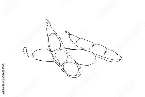 continuous line drawing of whole healthy organic green edamame for farm logo identity. One line art of fresh Japanese pea concept for vegetable icon. Vector illustration