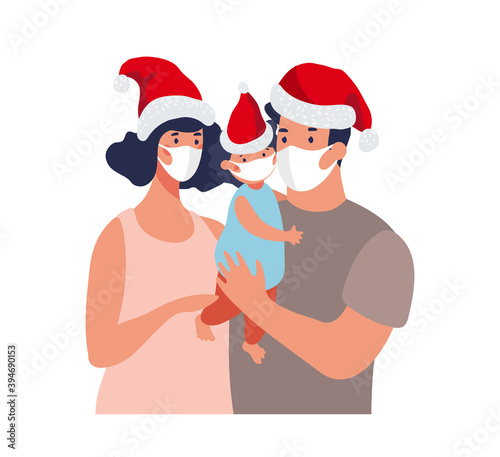 New Year and Christmas 2021 during the coronavirus pandemic, family wearing Santa hats and medical masks. Vector cartoon illustration isolated on white background.