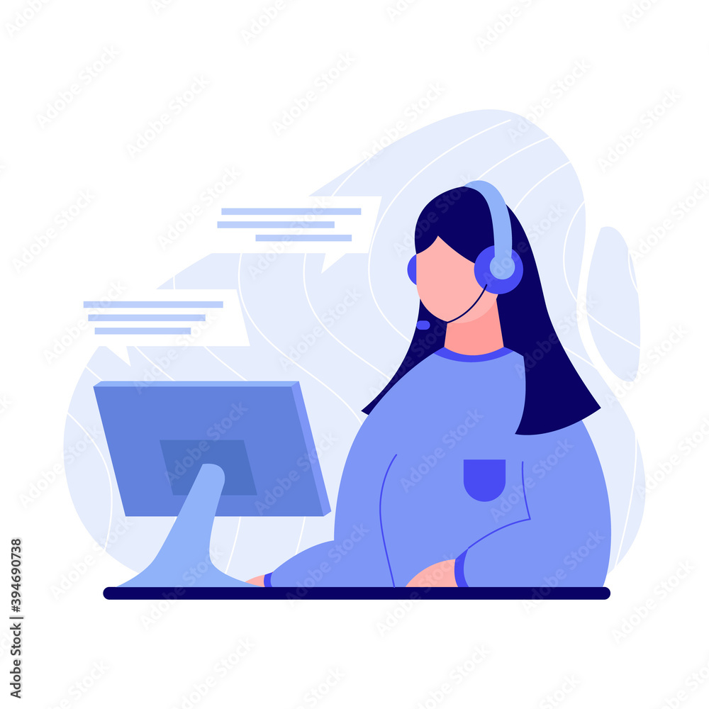 call center or online support illustration, woman using computer and headset answering questions, vector