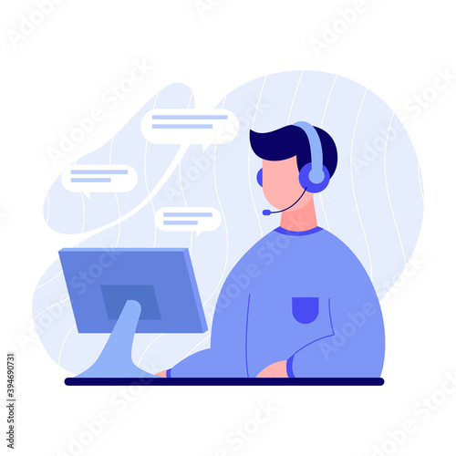 call center or online support illustration, man using computer and headset answering questions, vector