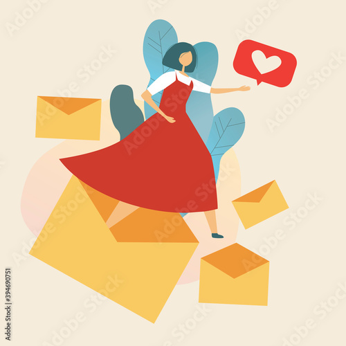 Woman, paper envelope, letter isolated for valentine's day, flat vector stock illustration concept of romantic correspondence, online dating, blind dates