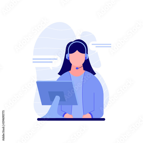 call center or online support or customer service illustration, woman using computer and headset answering questions, vector