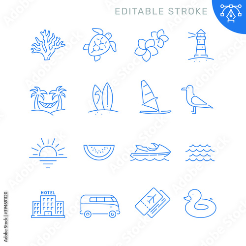 Summer and holiday related icons. Editable stroke. Thin vector icon set