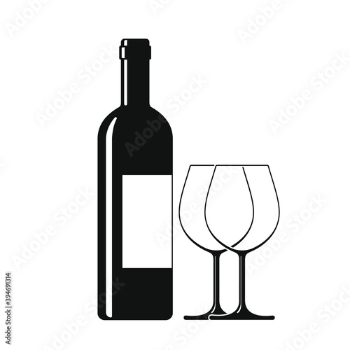 Bottle of wine and two glass graphic sign. Tasting or presentation of wine isolated symbol on white background. Vector illustration