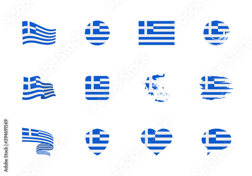 Greece flag - flat collection. Flags of different shaped twelve flat icons.