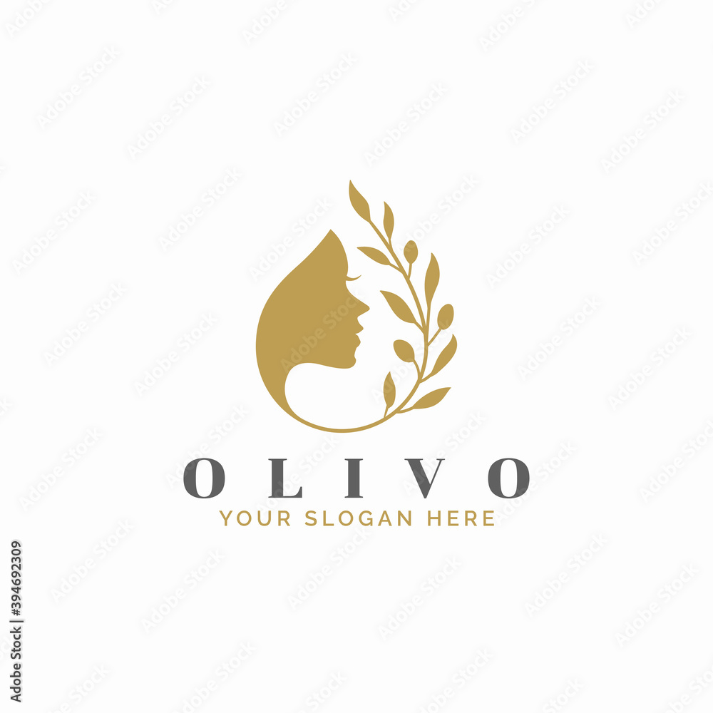 Woman face combine with olive branch, fruit, and leaf logo