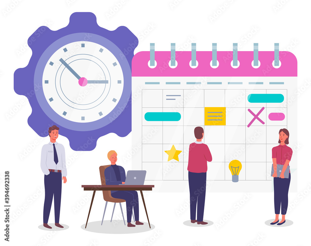 Planning schedule and time management concept banner, man and woman doing organization. Business people meeting, timetable formation implementation a project. Presentation with characters and clock